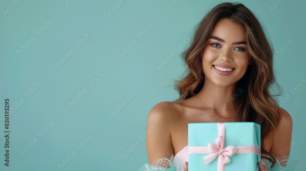 pretty pleasant woman is holding a gift box and smiling pretty pleasant woman is holding a gift box and smiling