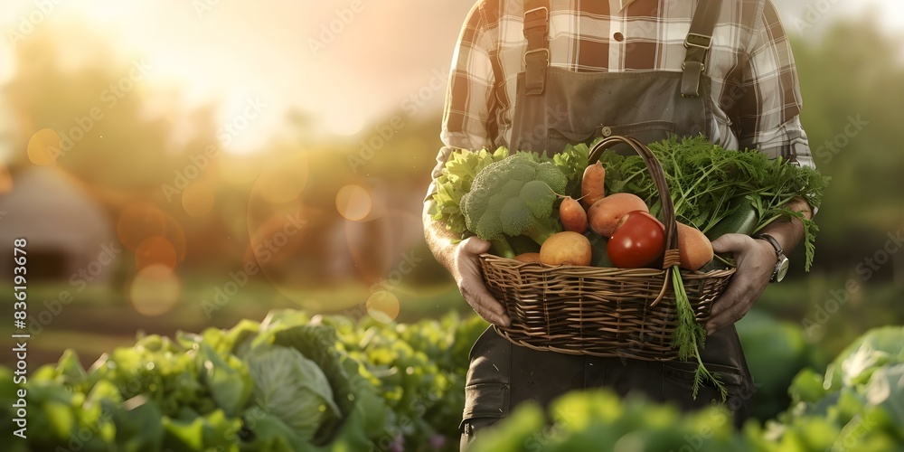 Fototapeta premium Farmer holding basket of vegetables with farm background enhanced by human. Concept Agriculture, Farming, Harvest, Vegetables, Rural Life
