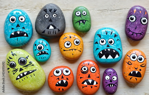 A collection of painted stones with various colors and designs of monsters
