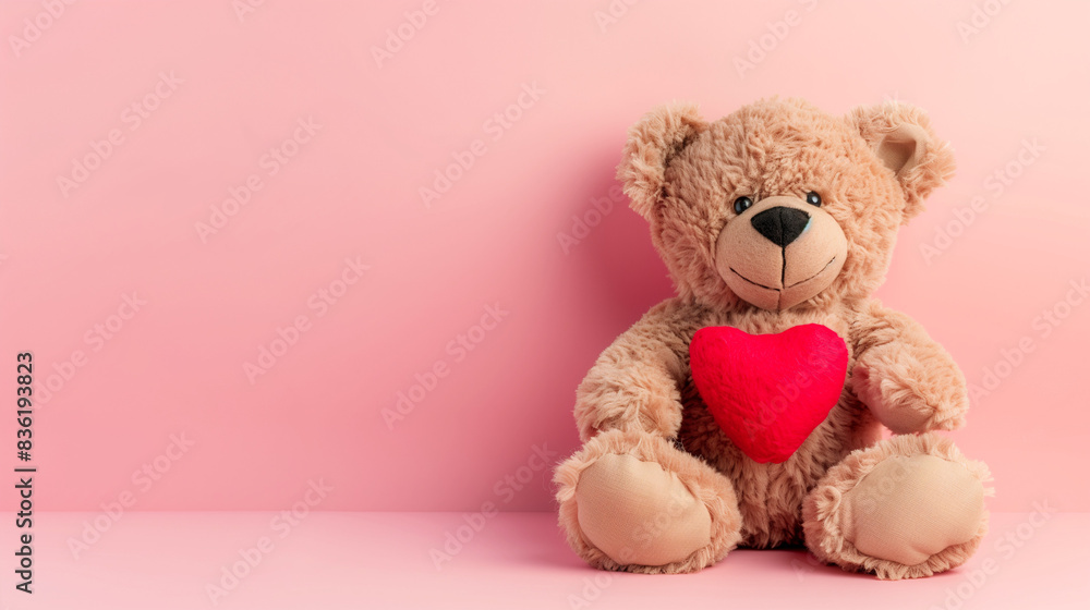 Teddy bear with heart isolated on pink background , copy space for text, Valentines day love concept Teddy bear with heart isolated on pink background , copy space for text, Valentines day love concept