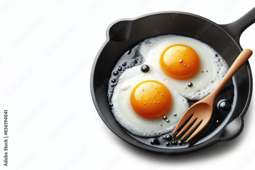 Close-up fried eggs in a black skillet Close-up fried eggs in a black skillet