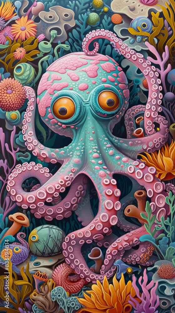 Obraz premium Colorful octopus in a vibrant coral reef