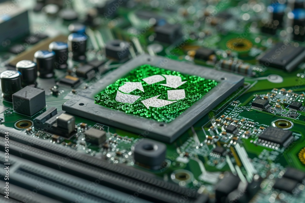 recycling logo on the processor, on motherboard, realistic, recycling in technology concept recycling logo on the processor, on motherboard, realistic, recycling in technology concept
