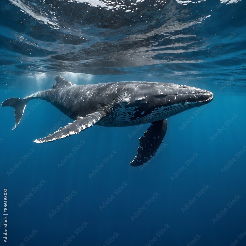 Fototapeta premium A Baby Humpback Whale Plays Near the Surface in Blue Water