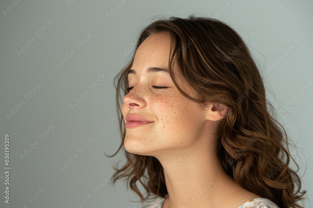 A close up of a woman's face with her eyes closed looking to a side A close up of a woman's face with her eyes closed looking to a side