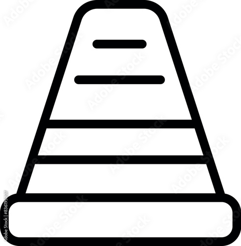 Black and white line drawing of a traffic cone, simple vector icon for safety and construction themes
