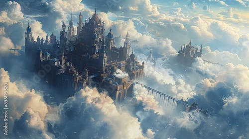 Floating City: A city situated on clouds, with bridges connecting the cloud formations. photo