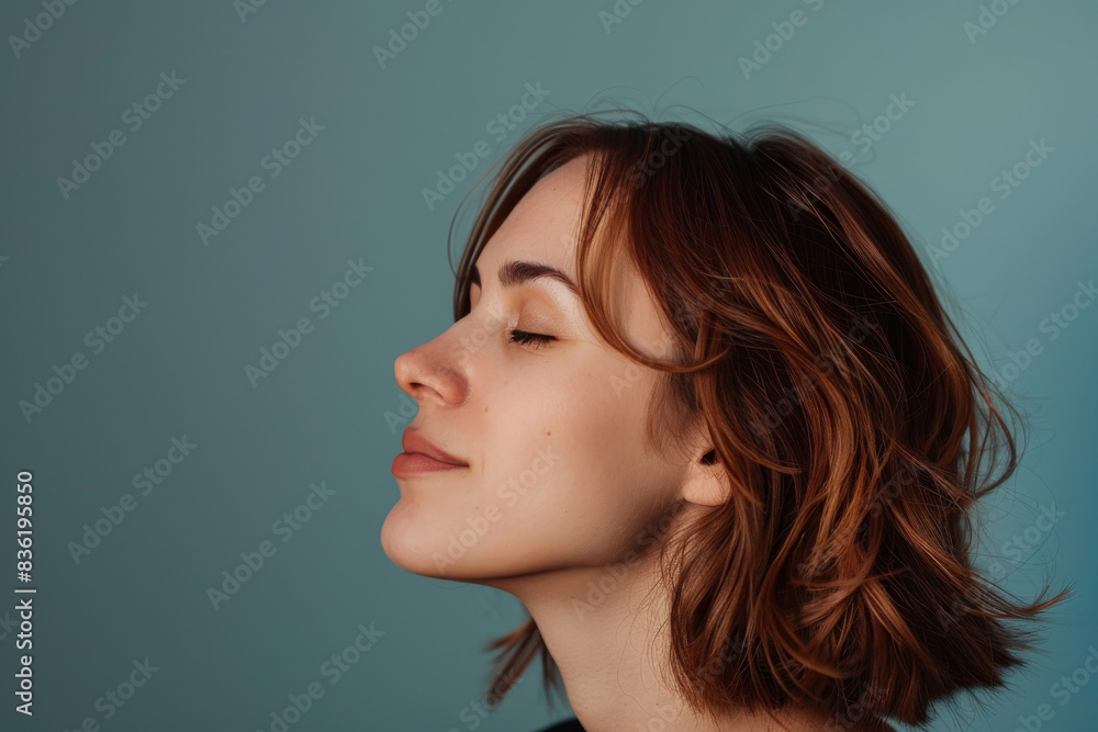 A close up of a woman's face with her eyes closed looking to a side A close up of a woman's face with her eyes closed looking to a side