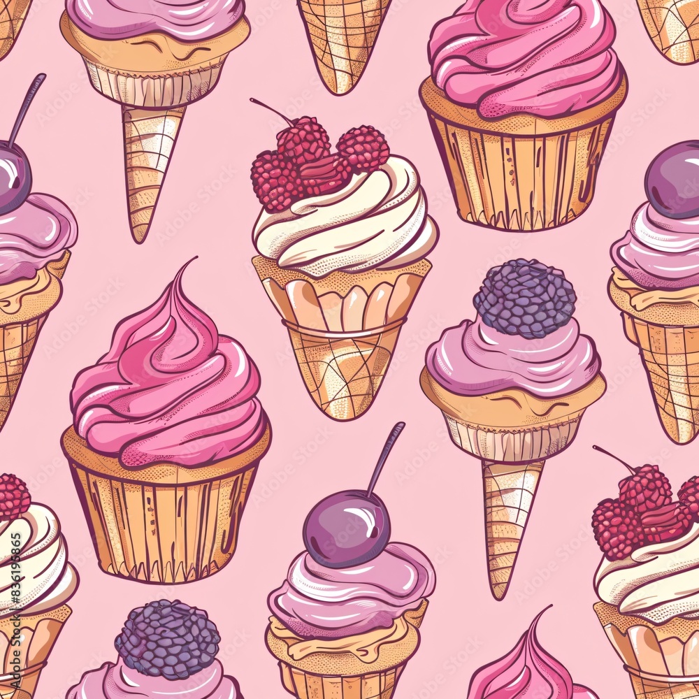 An elegant seamless pattern showcasing detailed illustrations of cupcakes with frosting and ice cream scoops artistically intertwined for a cohesive layout An elegant seamless pattern showcasing detailed illustrations of cupcakes with frosting and ice cream scoops artistically intertwined for a cohesive layout
