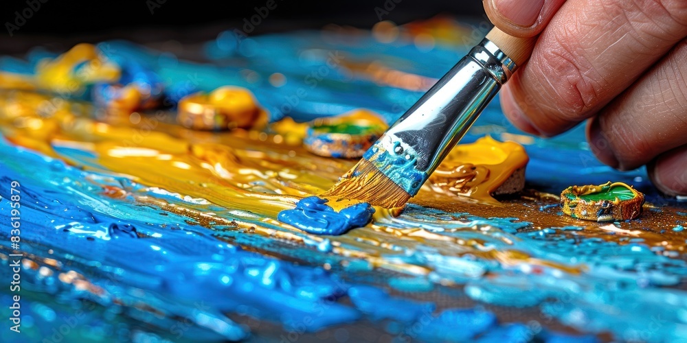 Fototapeta premium Close-up of an artists hand using a brush to mix blue and yellow paint