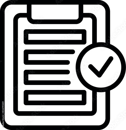 Vector line art illustration of a clipboard with a list and a checkmark, symbolizing completion or approval