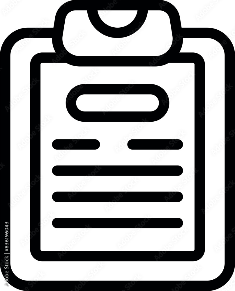 Black outline vector illustration of clipboard icon with paper clip. Document. Checklist. And paperwork symbol for office organization tool. Business administration Black outline vector illustration of clipboard icon with paper clip. Document. Checklist. And paperwork symbol for office organization tool. Business administration