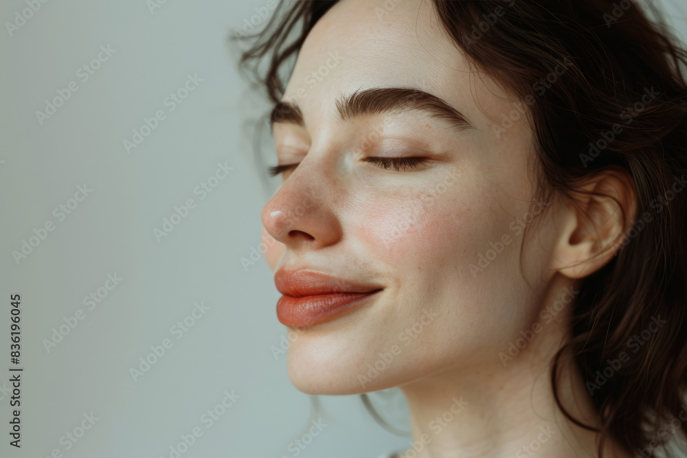 A close up of a woman's face with her eyes closed looking to a side A close up of a woman's face with her eyes closed looking to a side