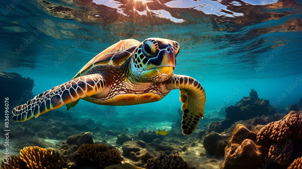 Fototapeta premium Turtle swimming in the deep sea, underwater photography 