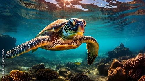 Turtle swimming in the deep sea  underwater photography 