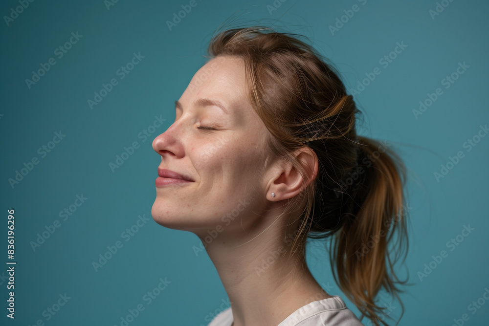 A close up of a woman's face with her eyes closed looking to a side A close up of a woman's face with her eyes closed looking to a side