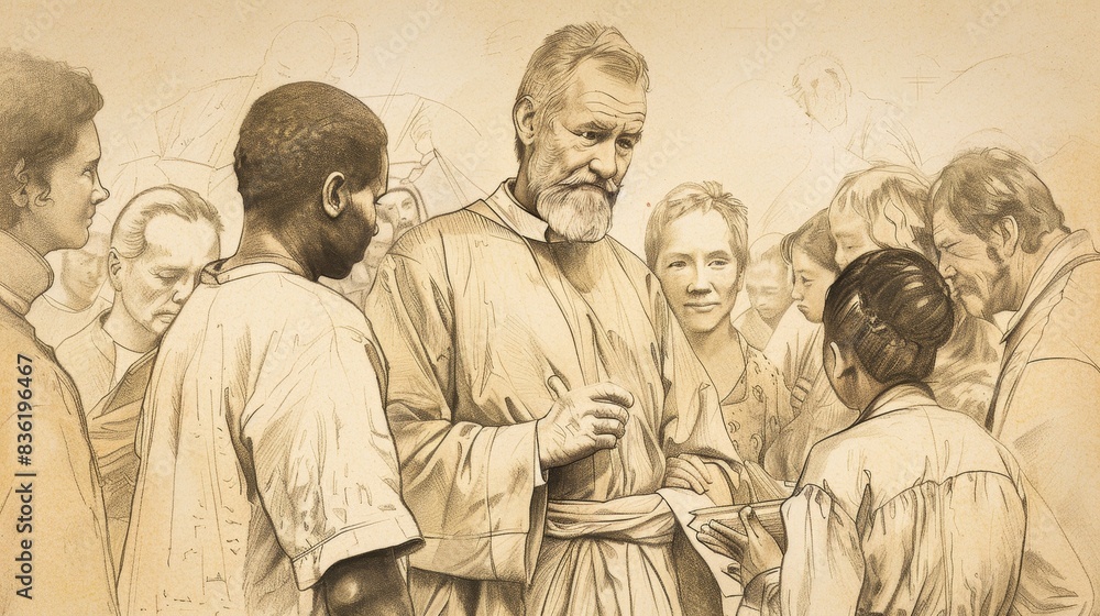 Fototapeta premium Biblical Illustration of Saint Vincent de Paul caring for the poor and sick, reflecting his charitable work, simple attire, compassionate expression, beige background, copyspace