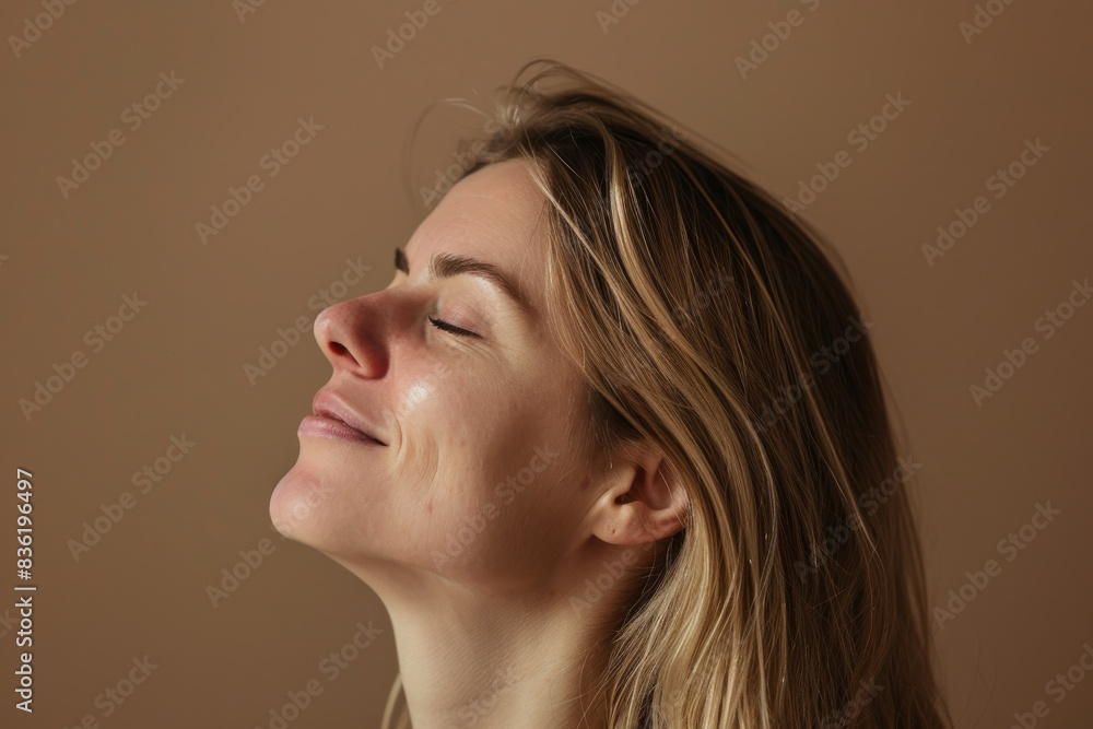 A close up of a woman's face with her eyes closed looking to a side A close up of a woman's face with her eyes closed looking to a side