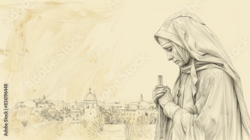 Biblical Illustration of Saint Walburga in deep prayer, holding a cross, reflecting her piety and devotion, monastic attire, serene expression, peaceful church setting, beige background, copyspace photo