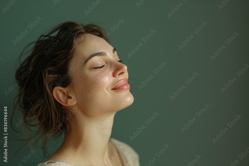 A close up of a woman's face with her eyes closed looking to a side A close up of a woman's face with her eyes closed looking to a side