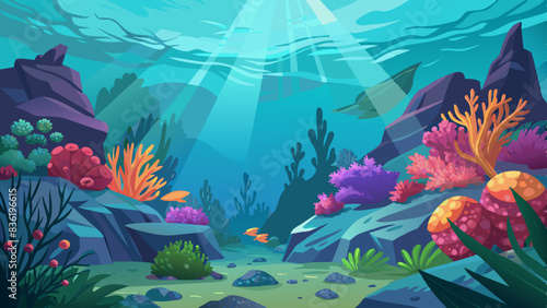 Peaceful coral reefs teeming with life, highlighted by sunbeams piercing turquoise waters, vector graphics