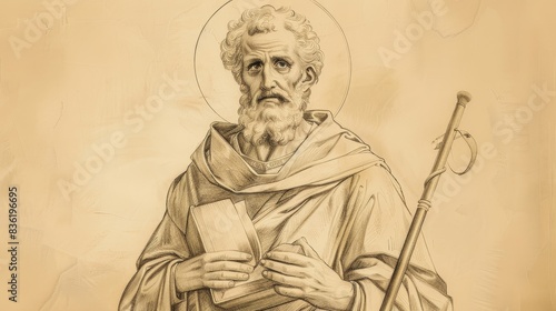 Saint Athanasius of Alexandria in Cathedral, Holding Book and Staff, Biblical Illustration, Beige Background, Copyspace