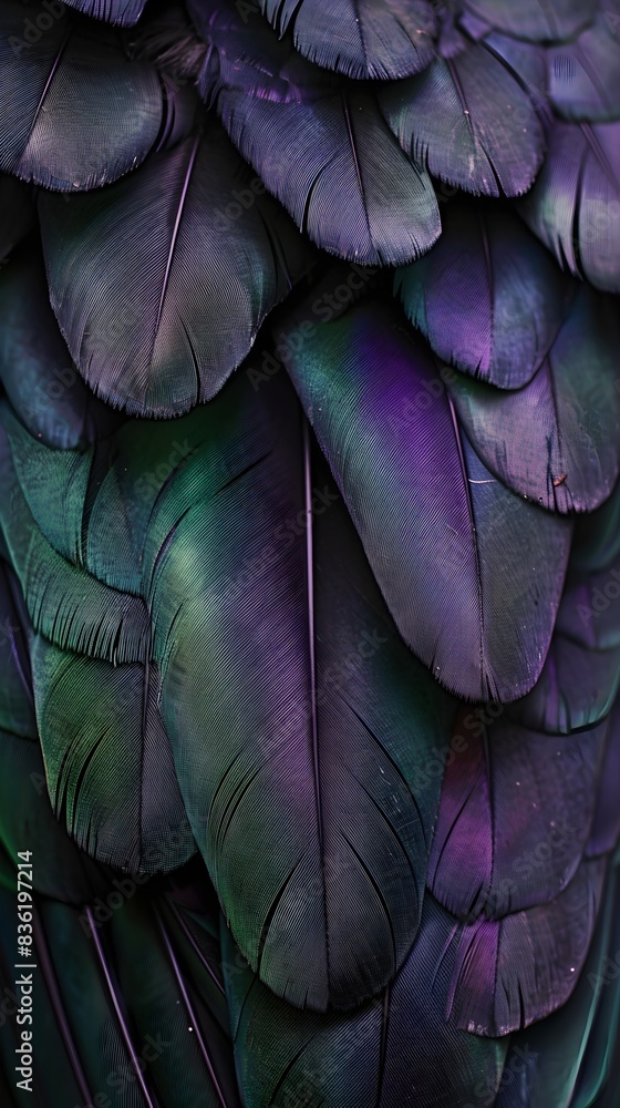 Obraz premium background of feathers, dark purple feathers, with green and emerald, bird feathers and fluff
