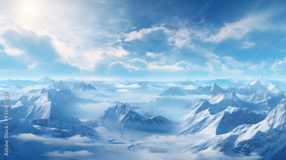 Snow covered mountain peaks under cloudy blue sky landscape background Snow covered mountain peaks under cloudy blue sky landscape background