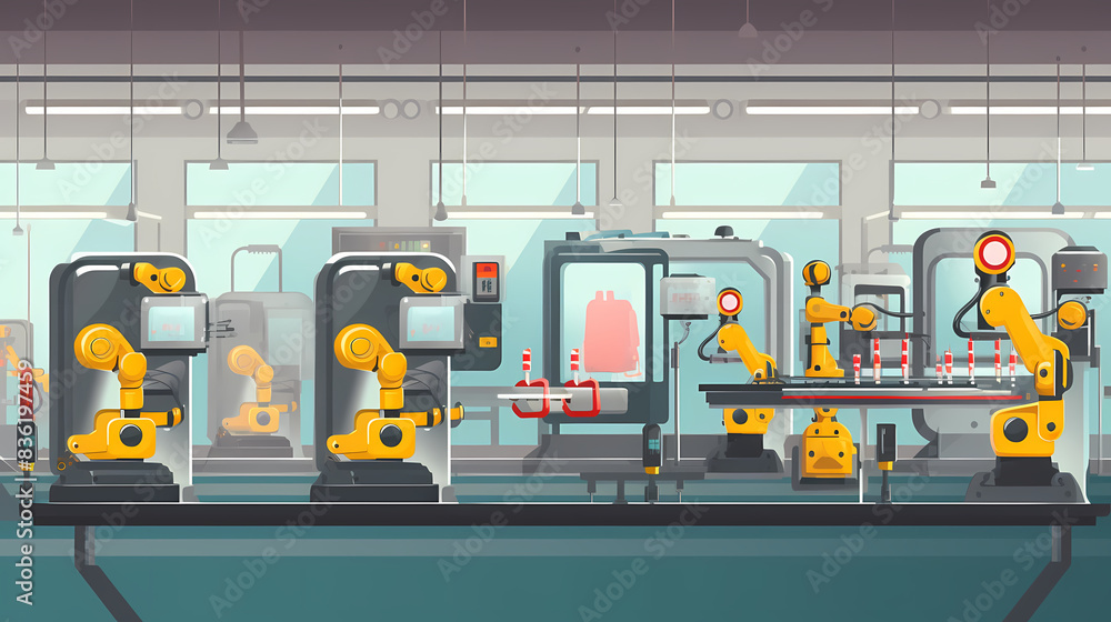 Fototapeta premium Robotized car factory cartoon concept vector image