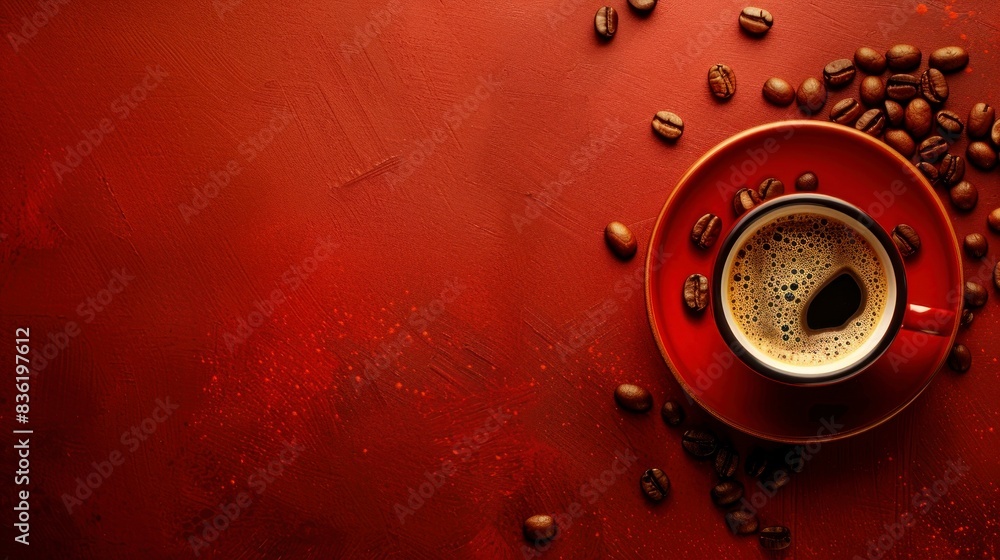 cup of coffee on red background and coffee beans cup of coffee on red background and coffee beans