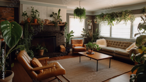 Living room with a fireplace, houseplants, and furniture