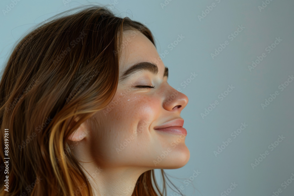 Fototapeta premium A close up of a woman's face with her eyes closed looking to a side