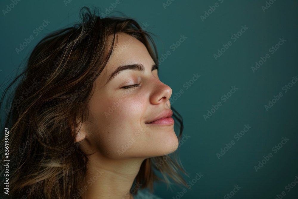 A close up of a woman's face with her eyes closed looking to a side A close up of a woman's face with her eyes closed looking to a side