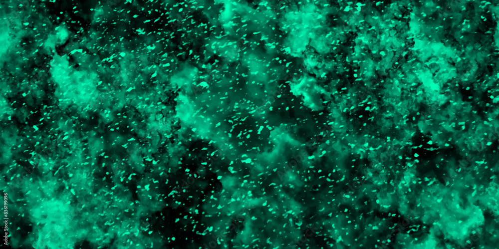 Obraz premium Abstract light mint color dynamic particles with soft blue clouds on dark background. Night sky with blue storm cloud. Blue painted powder explosion with Bright Blue space nebula.