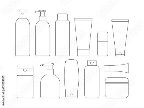 Shampoo Bottle Outline icon vector. Set of Shampoo Bottle Outline in various poses isolated on white background