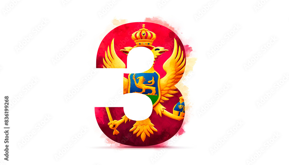 Number 3 with Montenegro flag, celebrating June 3, Montenegro Statehood Day. Concept: national pride, independence. Suitable for national celebrations, educational materials. Copy space Number 3 with Montenegro flag, celebrating June 3, Montenegro Statehood Day. Concept: national pride, independence. Suitable for national celebrations, educational materials. Copy space
