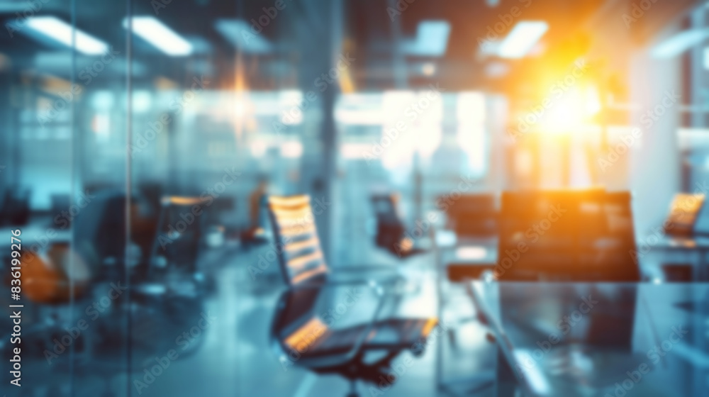 Modern office space with sunset view. Blurred image of an empty modern office interior with a warm sunset glow, evoking feelings of peace and tranquility after work hours. Modern office space with sunset view. Blurred image of an empty modern office interior with a warm sunset glow, evoking feelings of peace and tranquility after work hours.