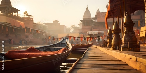 Showcases Varanasis culture architecture Ganges River and wooden boats in sunlight. Concept Culture, Architecture, Ganges River, Wooden Boats, Sunlight photo