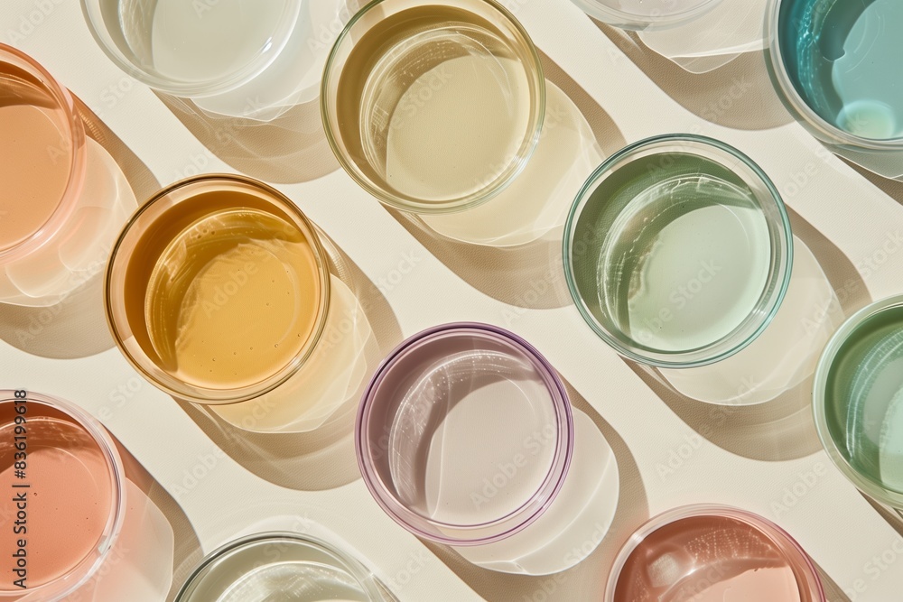 Scientific Petri Dishes: Serums Displayed in Clean Aesthetic Setting Scientific Petri Dishes: Serums Displayed in Clean Aesthetic Setting