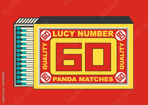 lucky 60 number vector icon. illustration in Matchbox and matches illustration. Vintage and antique matchbox packaging design illustration. retro style packaging. old style design. open box template