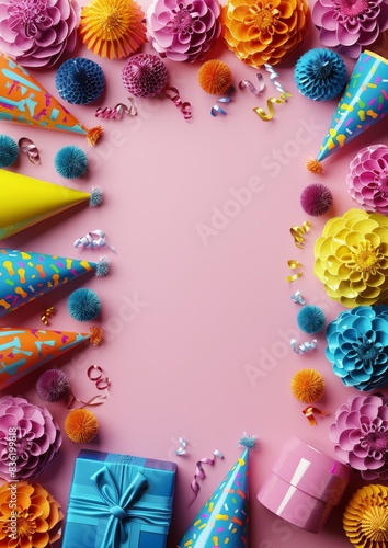 Festive Party Background with Colorful Hats, Pom Poms, and Gift Boxes on a Pink Surface - Perfect for Celebrations and Invitations