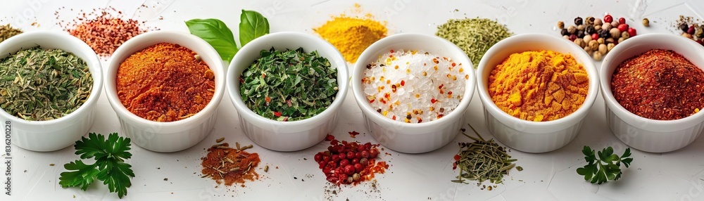 A high-key image of assorted seasoning cups arranged in a symmetrical pattern on a crisp white background, each cup filled with vibrant spices, ample space on the right for text. A high-key image of assorted seasoning cups arranged in a symmetrical pattern on a crisp white background, each cup filled with vibrant spices, ample space on the right for text.