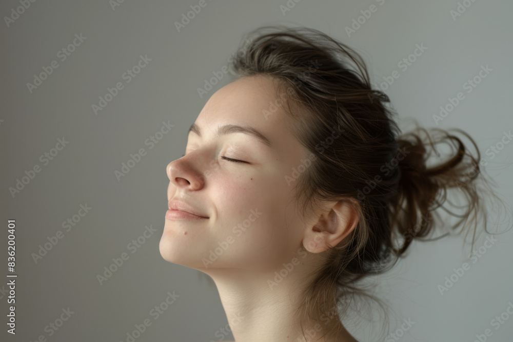 A close up of a woman's face with her eyes closed looking to a side A close up of a woman's face with her eyes closed looking to a side