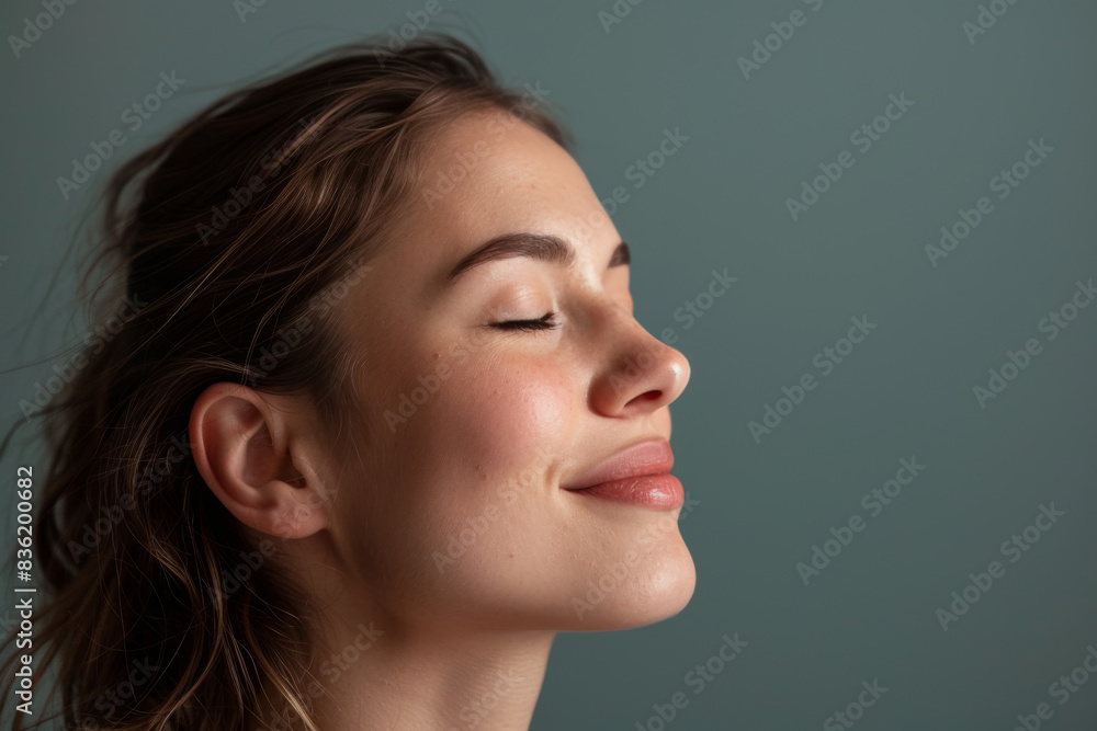 A close up of a woman's face with her eyes closed looking to a side A close up of a woman's face with her eyes closed looking to a side