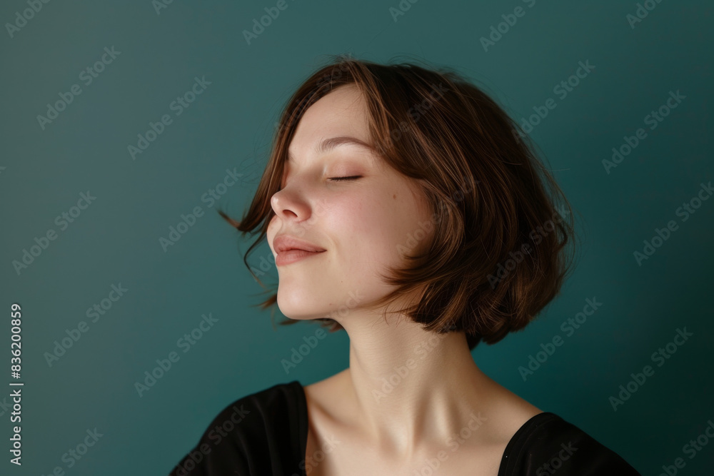 A close up of a woman's face with her eyes closed looking to a side A close up of a woman's face with her eyes closed looking to a side