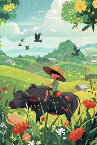 Flat illustration Rainy day  a small Asian boy with a straw hat  sitting on the back of a buffalo simple illustrations of flowers and leaves.