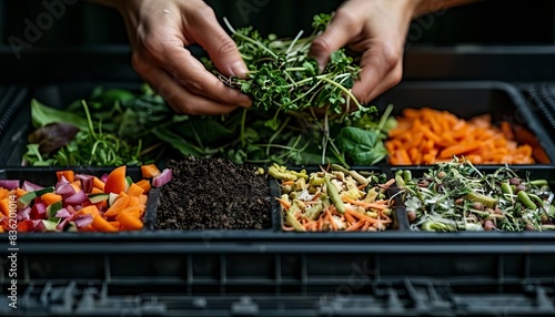 Hands close up adding vegetable scraps, leaves, and coffee grounds to a compost pile.