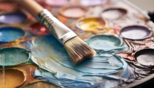 Vibrant Paint Palette with Brush Close-up