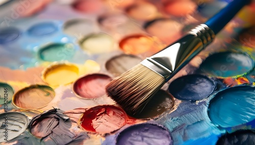 Vibrant Paint Palette with Brush Close-up