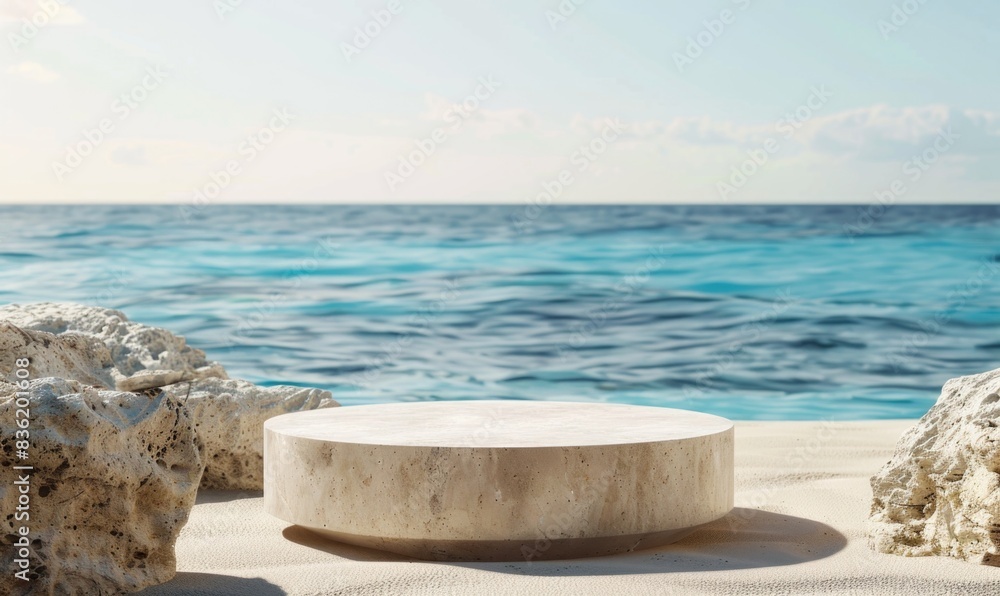 Beige round podium on the sand by the sea. Product presentation. Beige round podium on the sand by the sea. Product presentation.